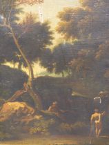 17TH /18TH CENTURY OLD MASTER SCHOOL. TWO FIGURES BY A WOODLAND STREAM. OIL ON CANVAS. THE GILT