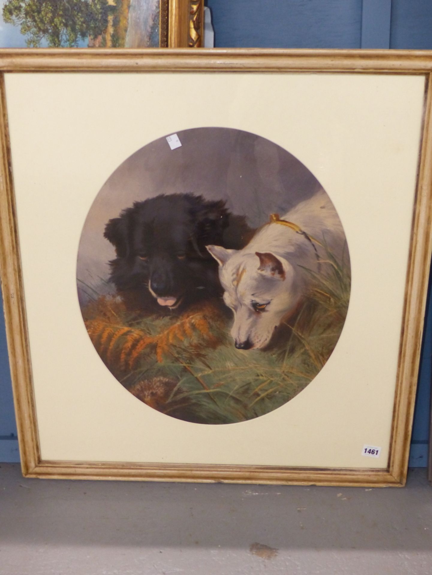 AN ANTIQUE HAND COLOURED PRINT OF TWO DOGS, OVAL. 52 x 44cms - Image 3 of 5