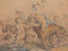 OLD MASTER SCHOOL.(18TH/19TH CENTURY) CHERUBS AND FAUN IN CELEBRATION RIDING A TIGER, TOGETHER