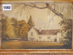 EARLY 19TH CENTURY SCHOOL. RECTORY HOUSE IN TREE LINED GARDENS. WATERCOLOUR. 26 X 18 cm.