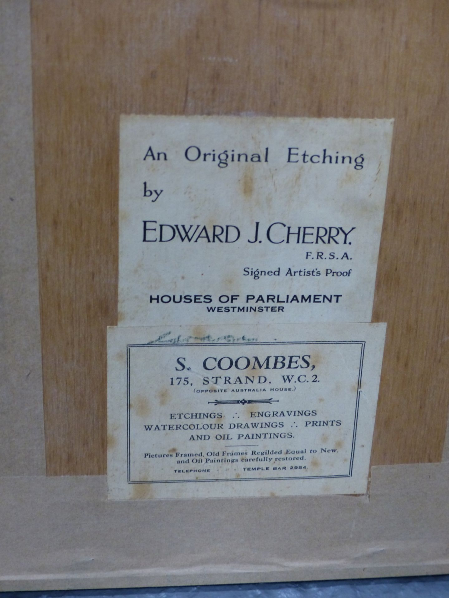 EDWARD J CHERRY. (1886-1960) ARR. THE HOUSES OF PARLIAMENT . ETCHING. PENCIL SIGNED ARTIST PROOF - Image 7 of 7