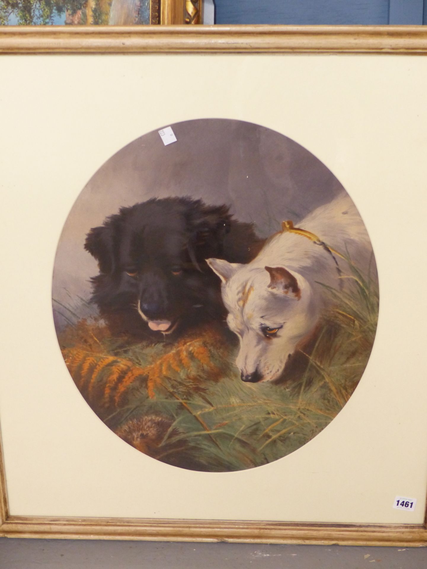 AN ANTIQUE HAND COLOURED PRINT OF TWO DOGS, OVAL. 52 x 44cms - Image 2 of 5