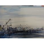 MARY? WALLIS? (20TH CENTURY) A DOCKLAND VIEW. WATERCOLOUR. SIGNED INDITINCTLY L/R 54 X 19 cm.