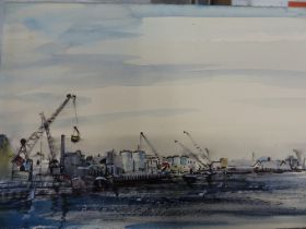 MARY? WALLIS? (20TH CENTURY) A DOCKLAND VIEW. WATERCOLOUR. SIGNED INDITINCTLY L/R 54 X 19 cm.