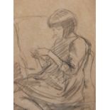 ENAID JONES. (1888-1978) ARR. " JULIA " A YOUNG GIRL KNITTING , SEATED IN FIRESIDE ARMCHAIR. BLACK