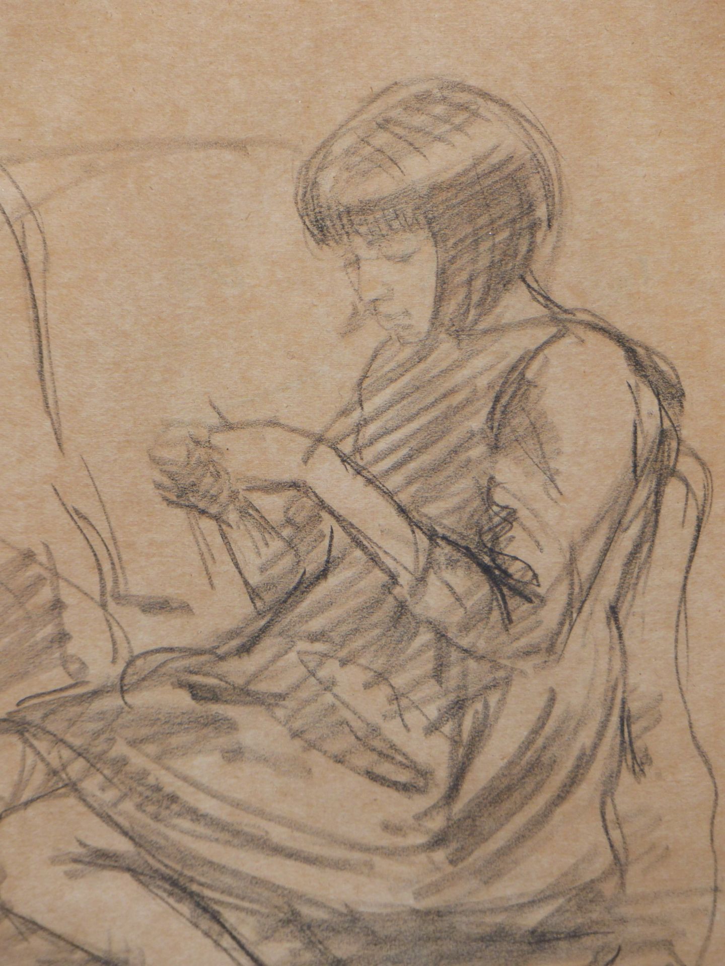 ENAID JONES. (1888-1978) ARR. " JULIA " A YOUNG GIRL KNITTING , SEATED IN FIRESIDE ARMCHAIR. BLACK