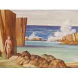 WILLIAM WALKER TELFER, SCOTTISH 1907-1993 "CYPRUS" STANDING FEMALE NUDE ON A ROCKY SHORELINE,