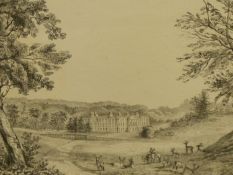 J K NEALE. (19THCENTURY SCHOOL) A DEER PARK WITH COUNTRY HOUSE IN THE DISTANCE. PENCIL ON PAPER