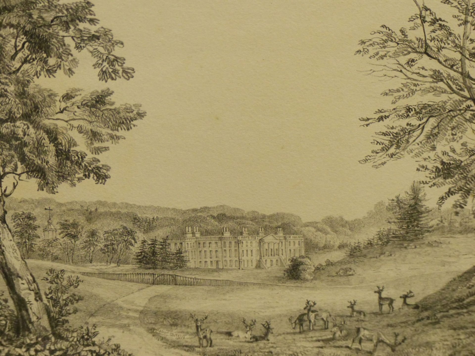 J K NEALE. (19THCENTURY SCHOOL) A DEER PARK WITH COUNTRY HOUSE IN THE DISTANCE. PENCIL ON PAPER