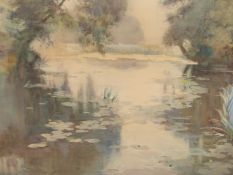 SAMUEL TOWERS, ENGLISH 1862-1943, WATER LILLIES ON A TRANQUIL POND. WATERCOLOUR, 37 X 49 CM