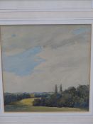 MARTIN HARDIE ( 1875-1952) LANDSCAPT WITH TREE LINED FIELD. WATERCOLOUR. MONOGRAMMED L/R 21 X 23