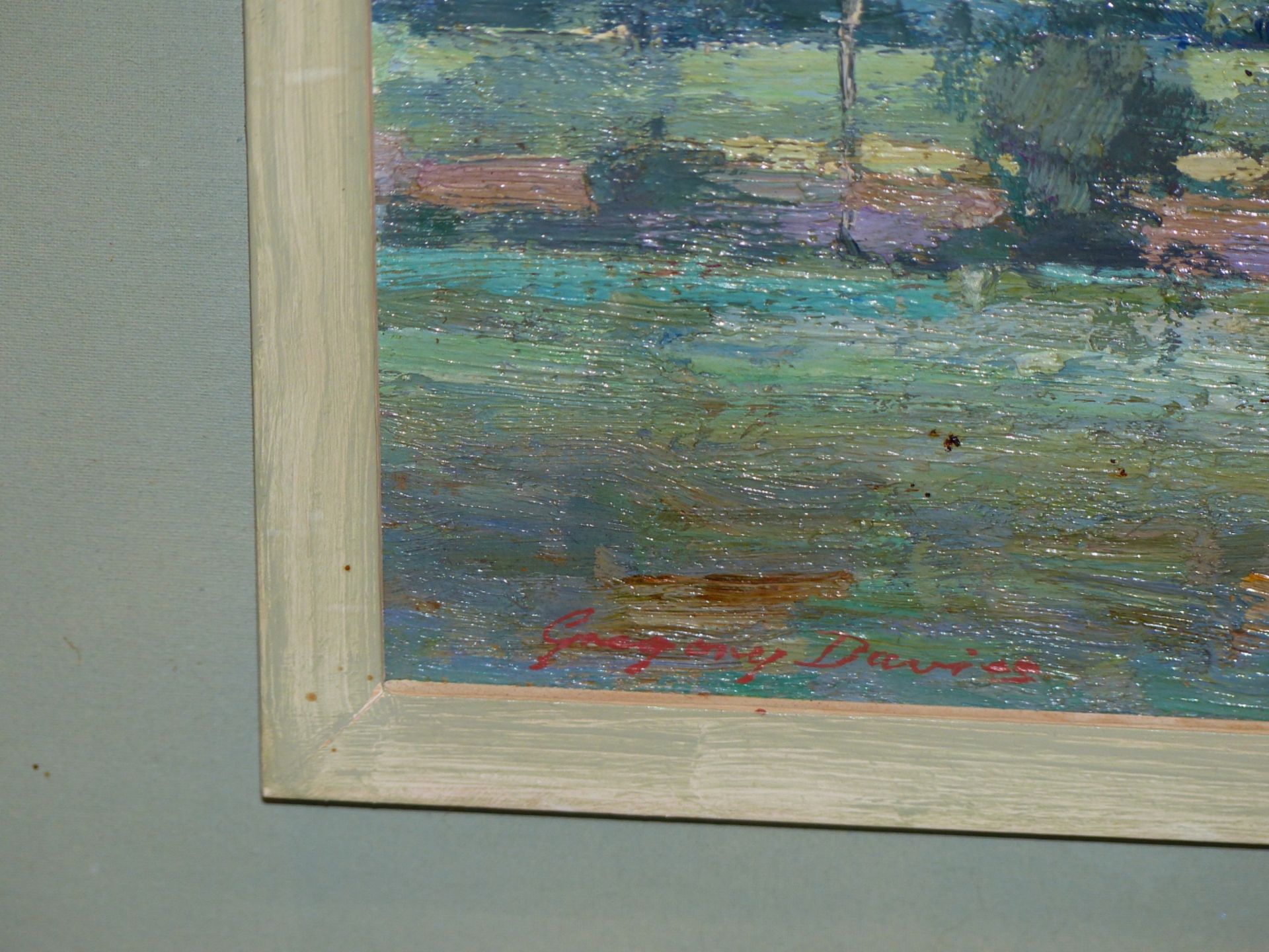 GREGORY DAVIES (20TH CENTURY) ARR. IMPRESSIONIST, LANDSCAPE NEAR CREDITION. OIL ON BOARD. SIGNED L/ - Image 3 of 5