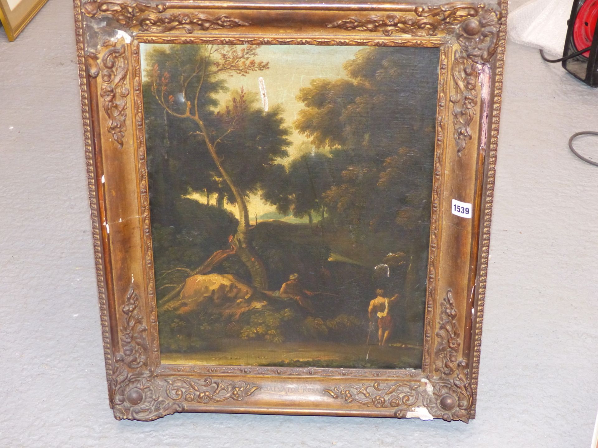 17TH /18TH CENTURY OLD MASTER SCHOOL. TWO FIGURES BY A WOODLAND STREAM. OIL ON CANVAS. THE GILT - Image 15 of 16