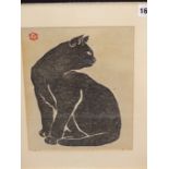 SADANOBU HASEGAWA, JAPANESE 1914-1999, A SITTING BLACK CAT "MIKA". WOODBLOCK PRINT, 25 X 19 CM