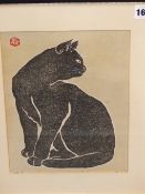 SADANOBU HASEGAWA, JAPANESE 1914-1999, A SITTING BLACK CAT "MIKA". WOODBLOCK PRINT, 25 X 19 CM