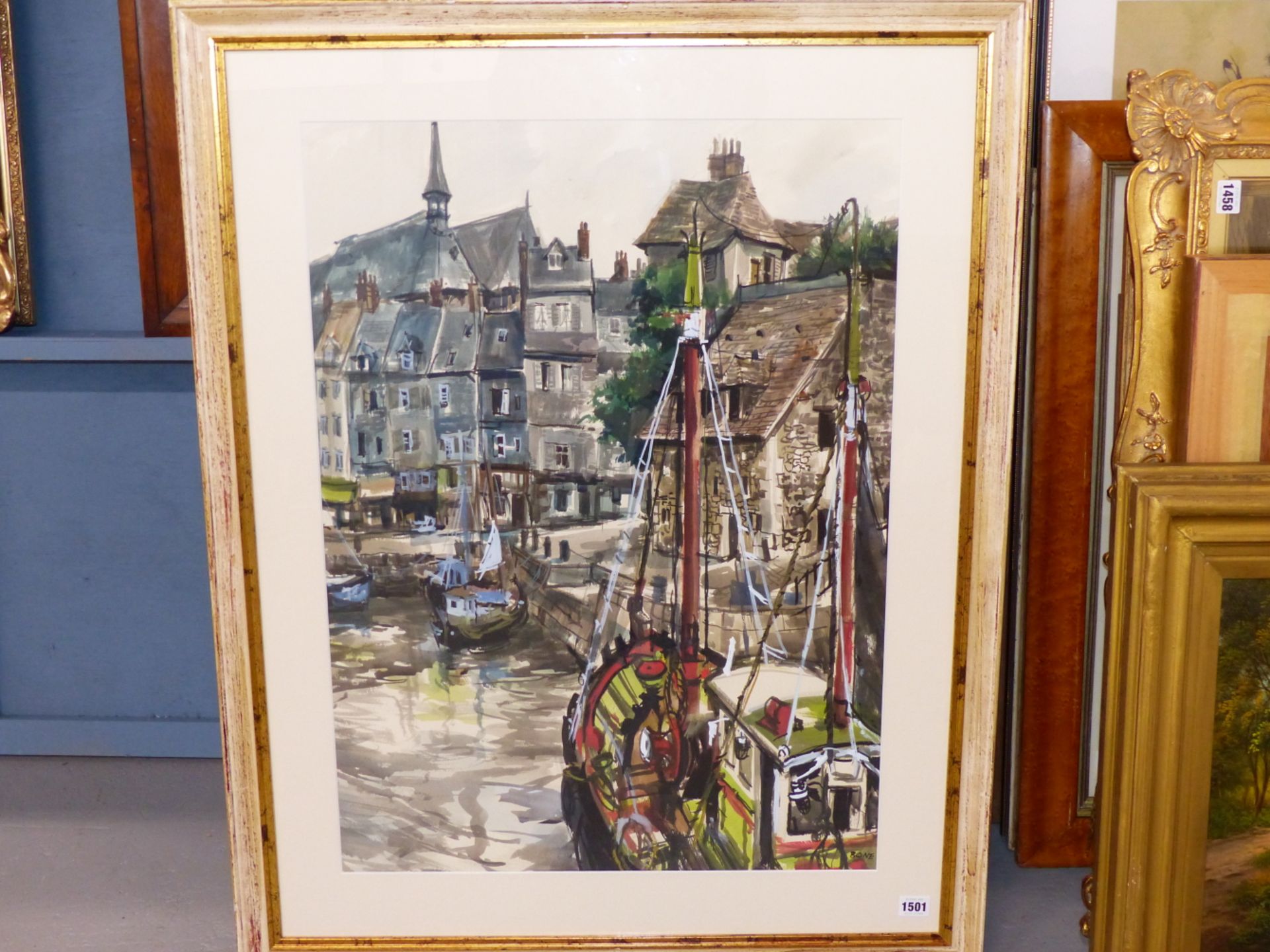 BONE (20th C. ENGLISH SCHOOL) ARR. CONTINENTAL VILLAGE HARBOUR, SIGNED, WATERCOLOUR. 74 x 54cms - Image 5 of 6