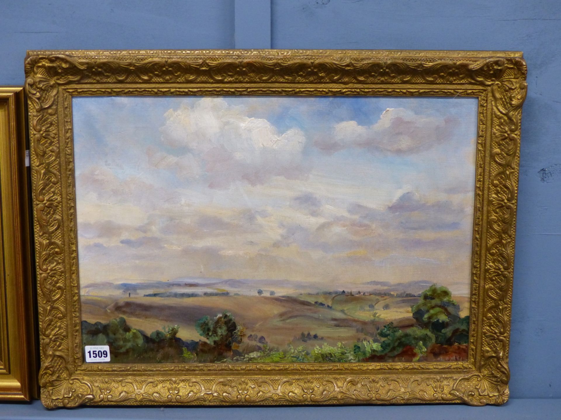 20th C. ENGLISH SCHOOL A RURAL LANDSCAPE, SIGNED INDISTINCTLY, OIL ON CANVAS. 36 x 51cms - Image 3 of 4