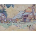 E. CHOLMELEY- HARRISON ( EARLY 20TH CENTURY) FEEDING THE HENS AND GEESE- WATERCOLOUR. SIGNED L/L. 52