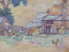 E. CHOLMELEY- HARRISON ( EARLY 20TH CENTURY) FEEDING THE HENS AND GEESE- WATERCOLOUR. SIGNED L/L. 52