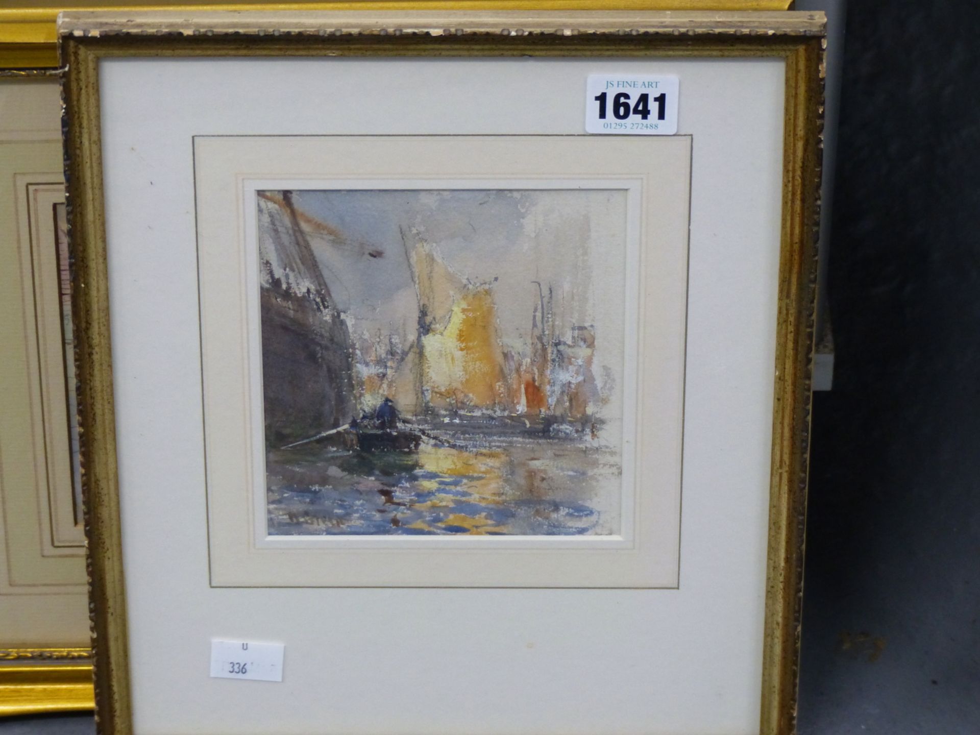 ? BRENT. ( EARLY 20TH CENTURY SCHOOL) ROWING A TENDER TO SHIPS IN DOCK. WATERCOLOUR. SIGNED - Image 5 of 6