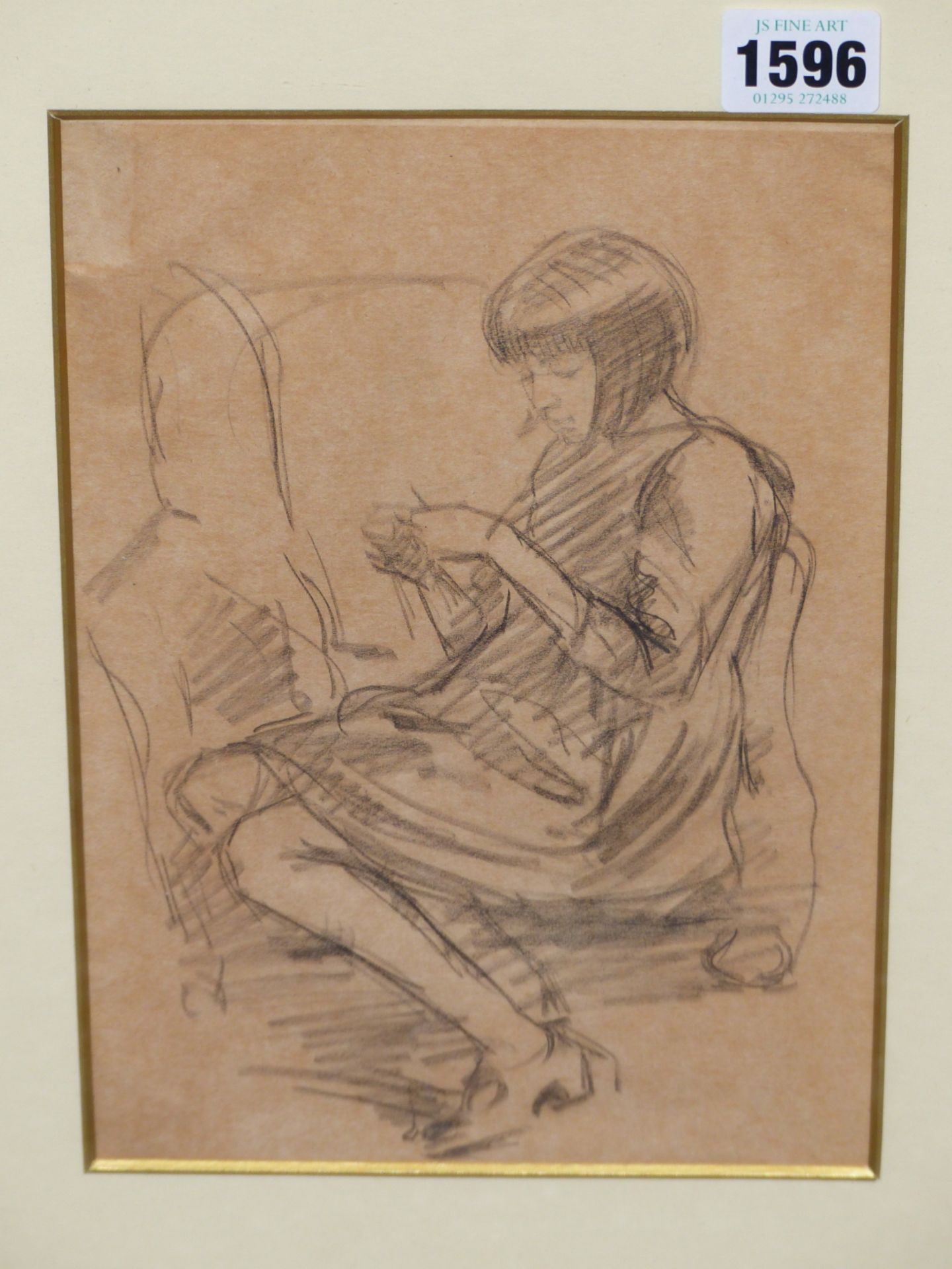 ENAID JONES. (1888-1978) ARR. " JULIA " A YOUNG GIRL KNITTING , SEATED IN FIRESIDE ARMCHAIR. BLACK - Image 2 of 6