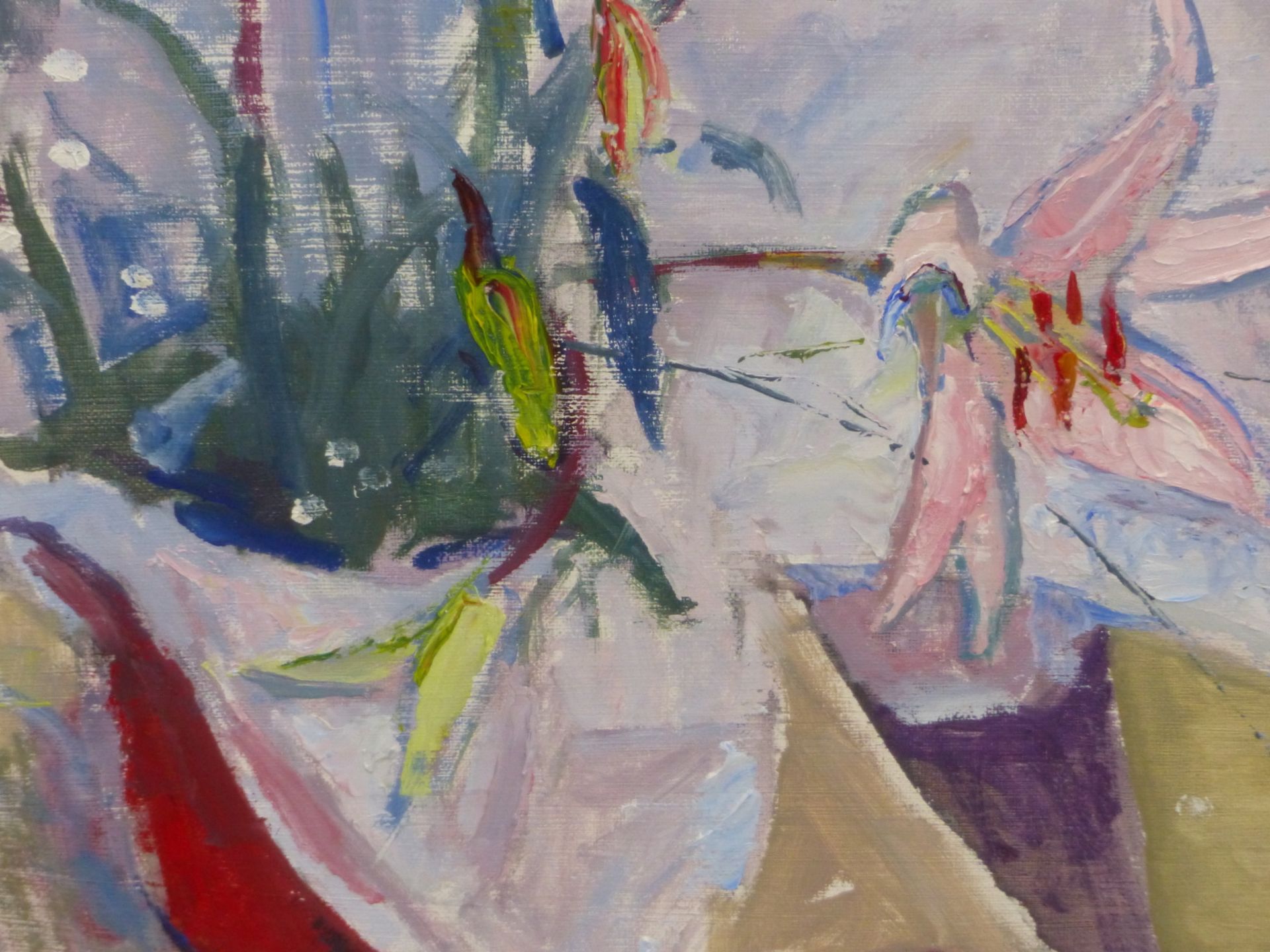 MARGARET THOMAS (1916-2016) ARR. STILL LIFE , FLOWERS IN A PLANTER. OIL ON BOARD MONOGRAM L/L, - Image 4 of 8