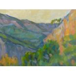 ROBIN CHILD (20th C. ENGLISH SCHOOL) ARR. A MOUNTAINOUS VALLEY, SIGNED, OIL ON BOARD. 51 x 62cms