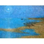 MICHAEL JAIN. ( 20TH CENTURY) ARR. BOATS ON THE SHORELINE BY MOONLIGHT. OIL ON CANVAS. SIGNED L/R.