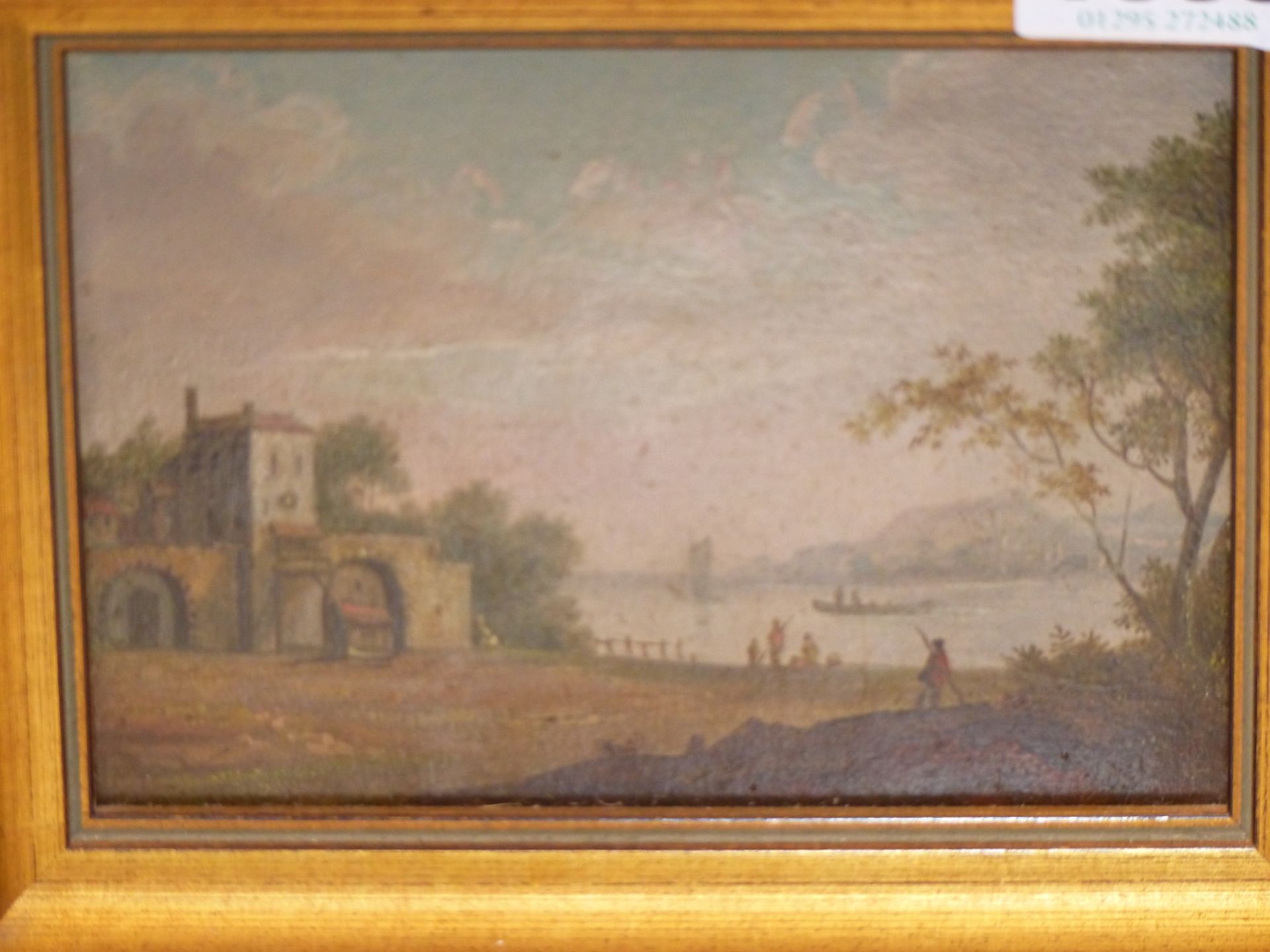 19TH CENTURY SCHOOL. CONTINENTAL VIEW WITH LAKESIDE VILLA. OIL ON BOARD. 12 X 8 cm. - Image 3 of 3
