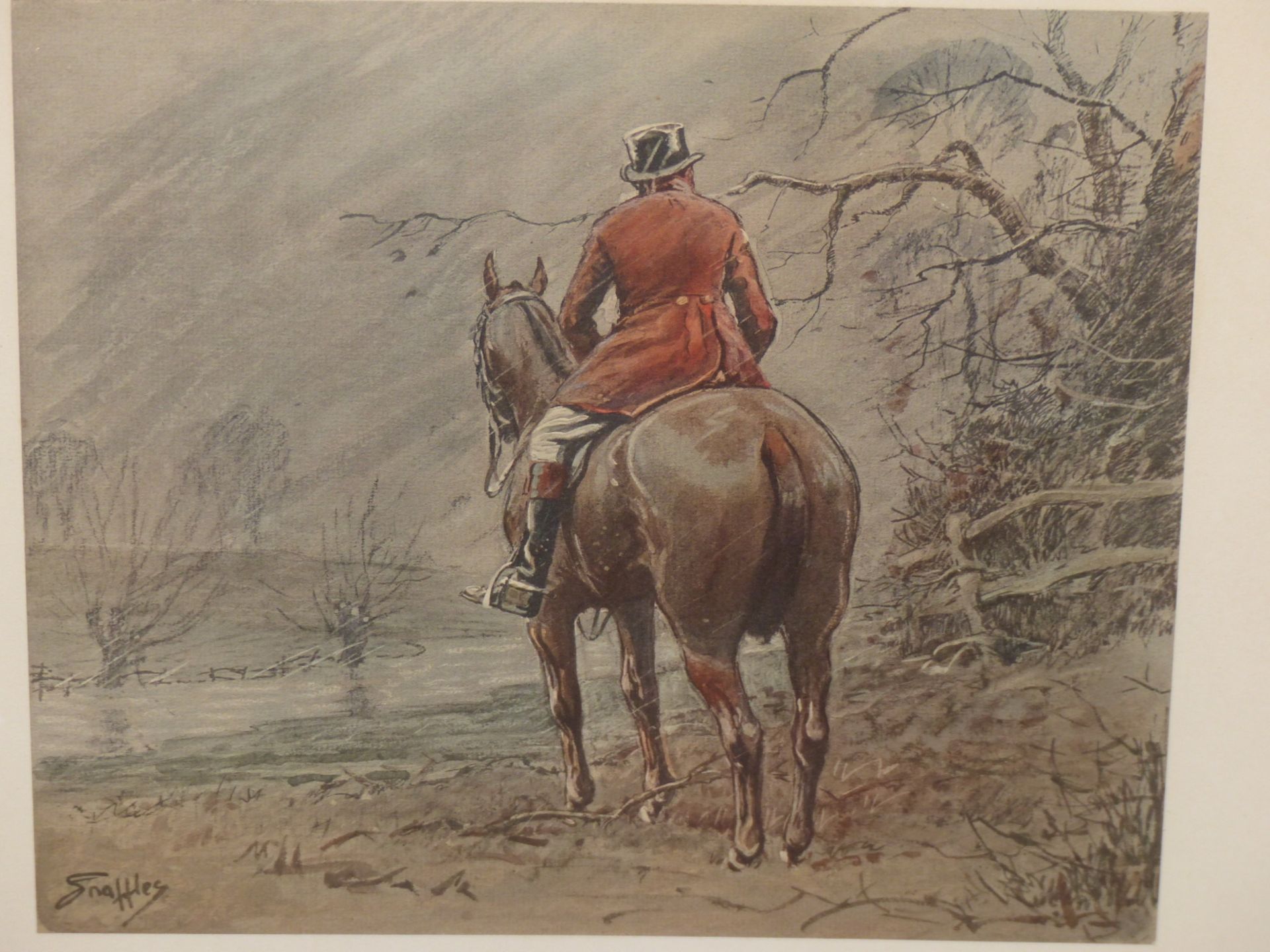 AFTER SNAFFLES (CHARLES JOHNSON PAYNE) PENCIL SIGNED COLOUR PRINT FOX CATCHERS. 43 x 37cms