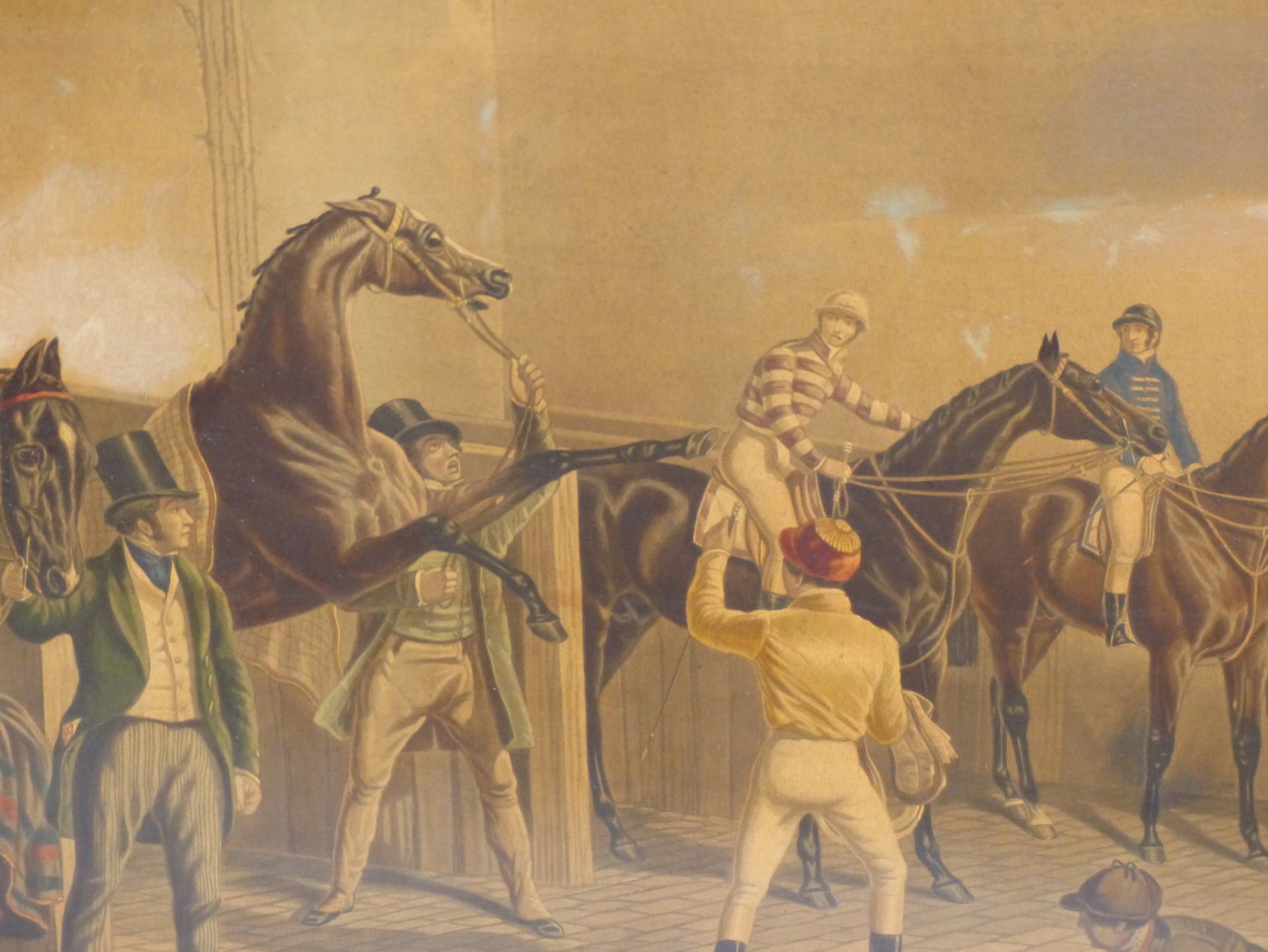 AN ANTIQUE COLOUR PRINT OF RACE HORSES IN A STABLE IN AN IMPRESSIVE GILT FRAME. 65 x 88cms - Image 4 of 11
