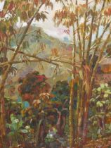 ERIC SMITH (B. 1932) ARR. A JAMAICAN MOUNTAIN LANDSCAPE, SIGNED, OIL ON BOARD. 70 x 50cms