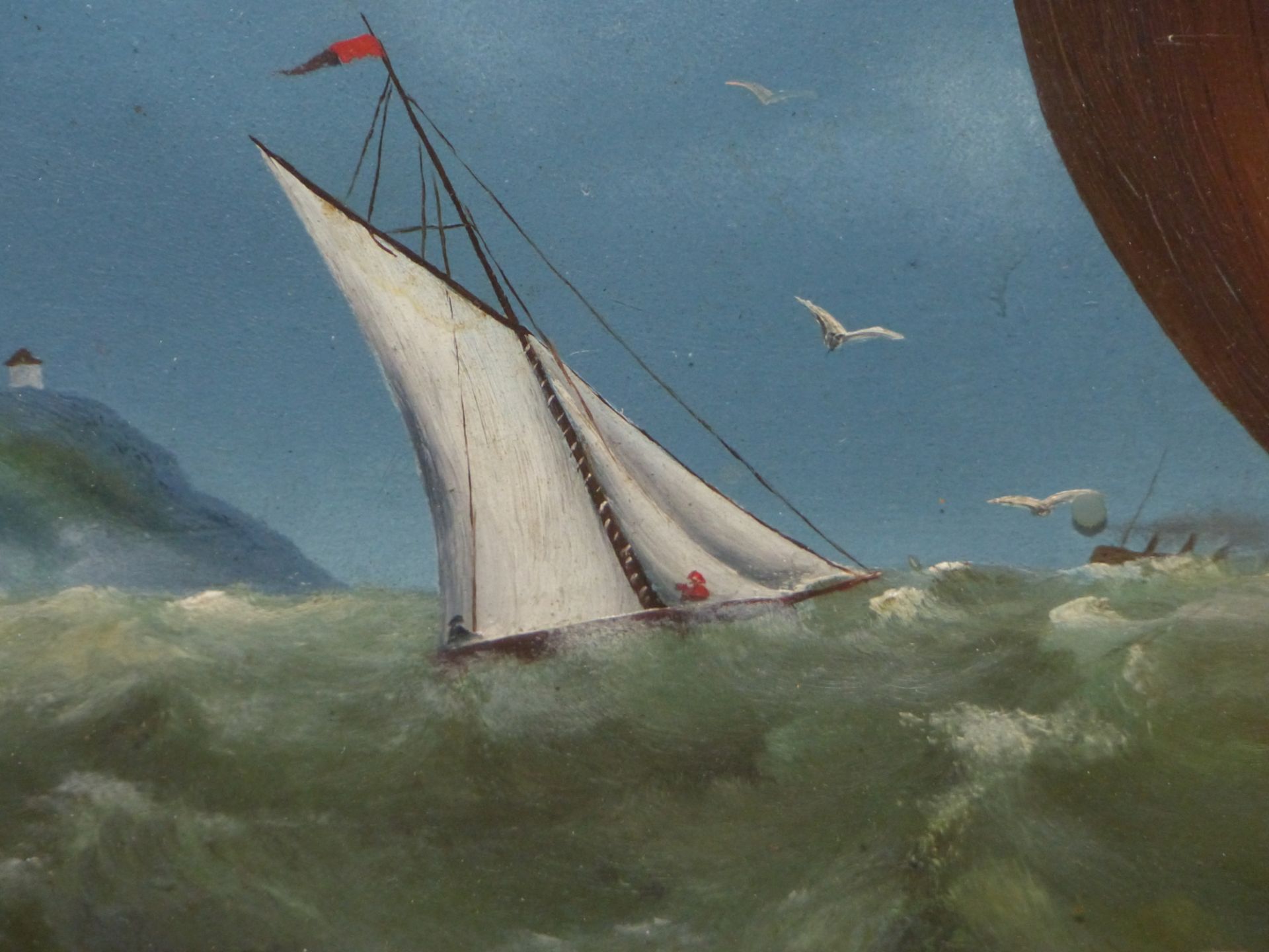 W.N. ( EARLY 20TH CENTURY NAIVE SCHOOL) SHIPPING OFF THE CAOST IN HIGH SEAS. OIL ON ACADAMY BOARD. - Image 4 of 7