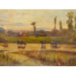 G. SMART (LATE 19th C..ENGLISH SCHOOL) CATTLE WATERING, SIGNED, OIL ON CANVAS. 31 x 46cms UNFRAMED