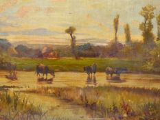 G. SMART (LATE 19th C..ENGLISH SCHOOL) CATTLE WATERING, SIGNED, OIL ON CANVAS. 31 x 46cms UNFRAMED