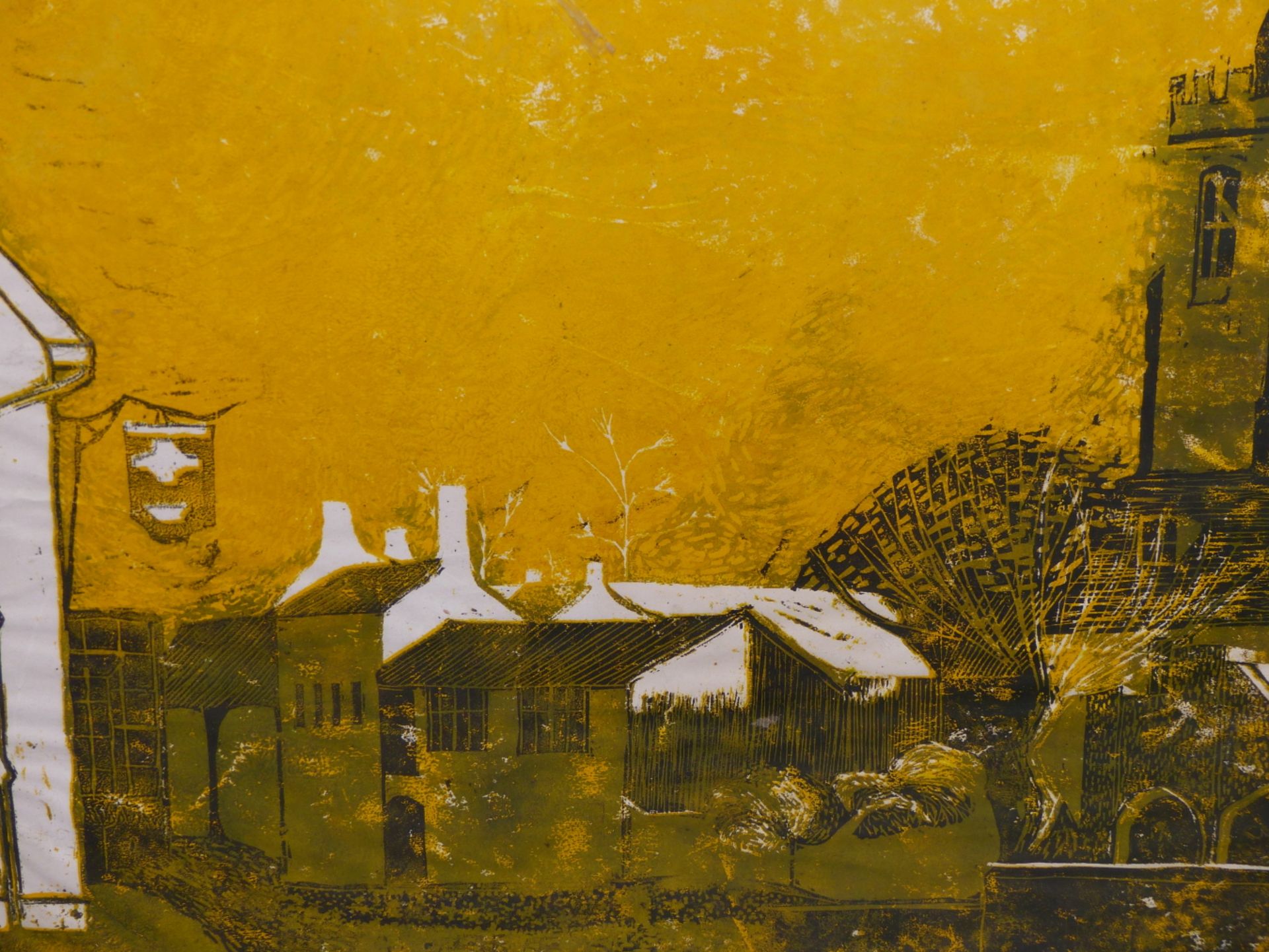 20th C. ENGLISH SCHOOL IN THE MANNER OF JOHN PIPER, COLOUR PRINT OF A VILLAGE SCENE. 60 x 90cms - Image 3 of 4