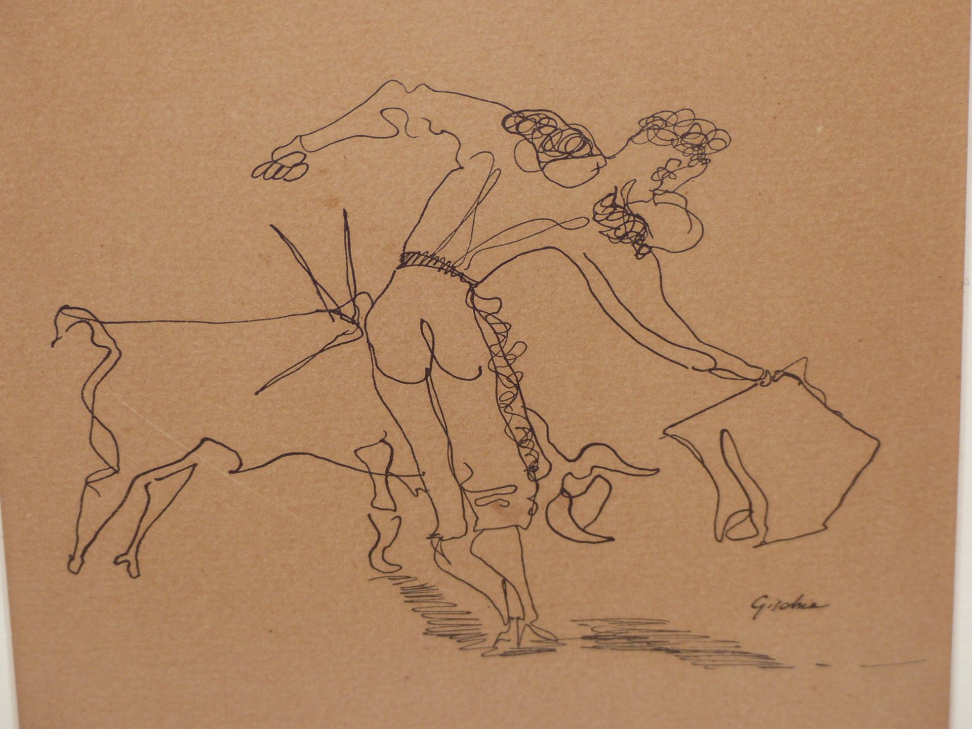 LEON GISCHIA, FRENCH 1903-1991, ABSTRACT PORTRAYAL OF THE BULL FIGHTER AND BULL. PEN AND INK - Image 2 of 4