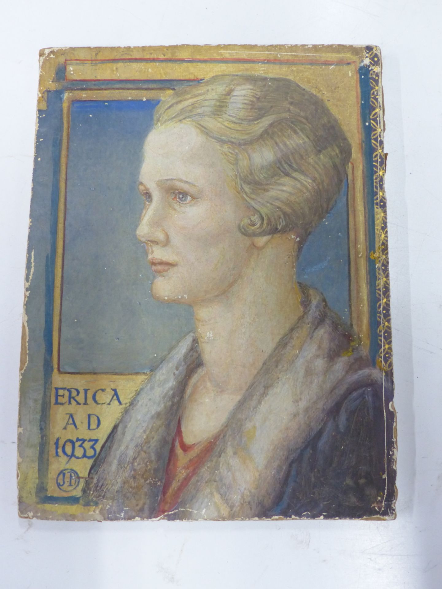 J.B. (1ST HALF 20TH CENTURY) ERICA- PORTRAIT OF A LADY. WATERCOLOUR AND GILDING. DATED 1933. 14.5 - Image 5 of 6