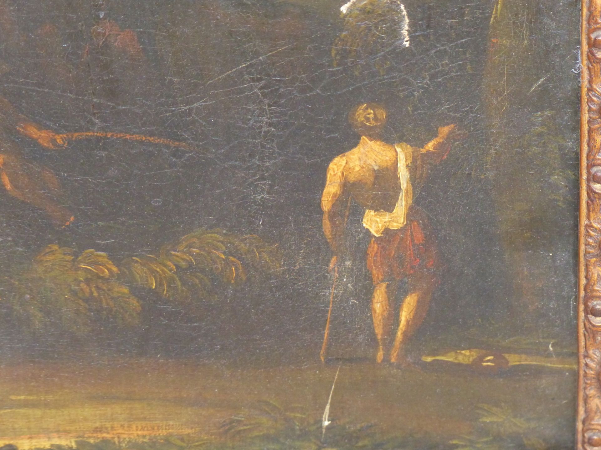 17TH /18TH CENTURY OLD MASTER SCHOOL. TWO FIGURES BY A WOODLAND STREAM. OIL ON CANVAS. THE GILT - Image 13 of 16