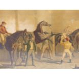 AN ANTIQUE COLOUR PRINT OF RACE HORSES IN A STABLE IN AN IMPRESSIVE GILT FRAME. 65 x 88cms