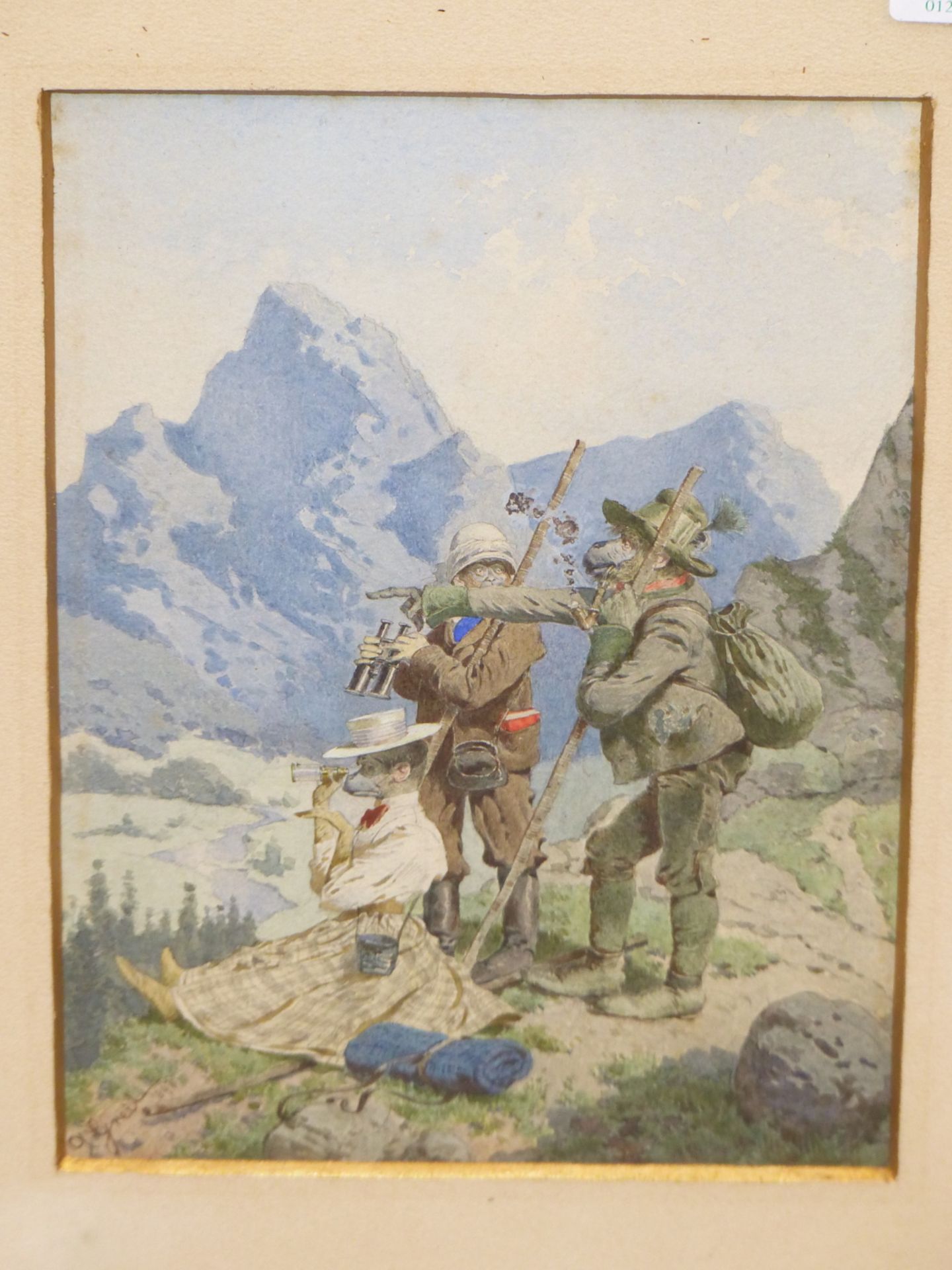 ALOIS GREIL (1842-1902), THREE ANTHROPOMORPHIC CLIMBERS IN THE AUSTRIAN ALPS. WATERCOLOUR, SIGNED - Image 2 of 7