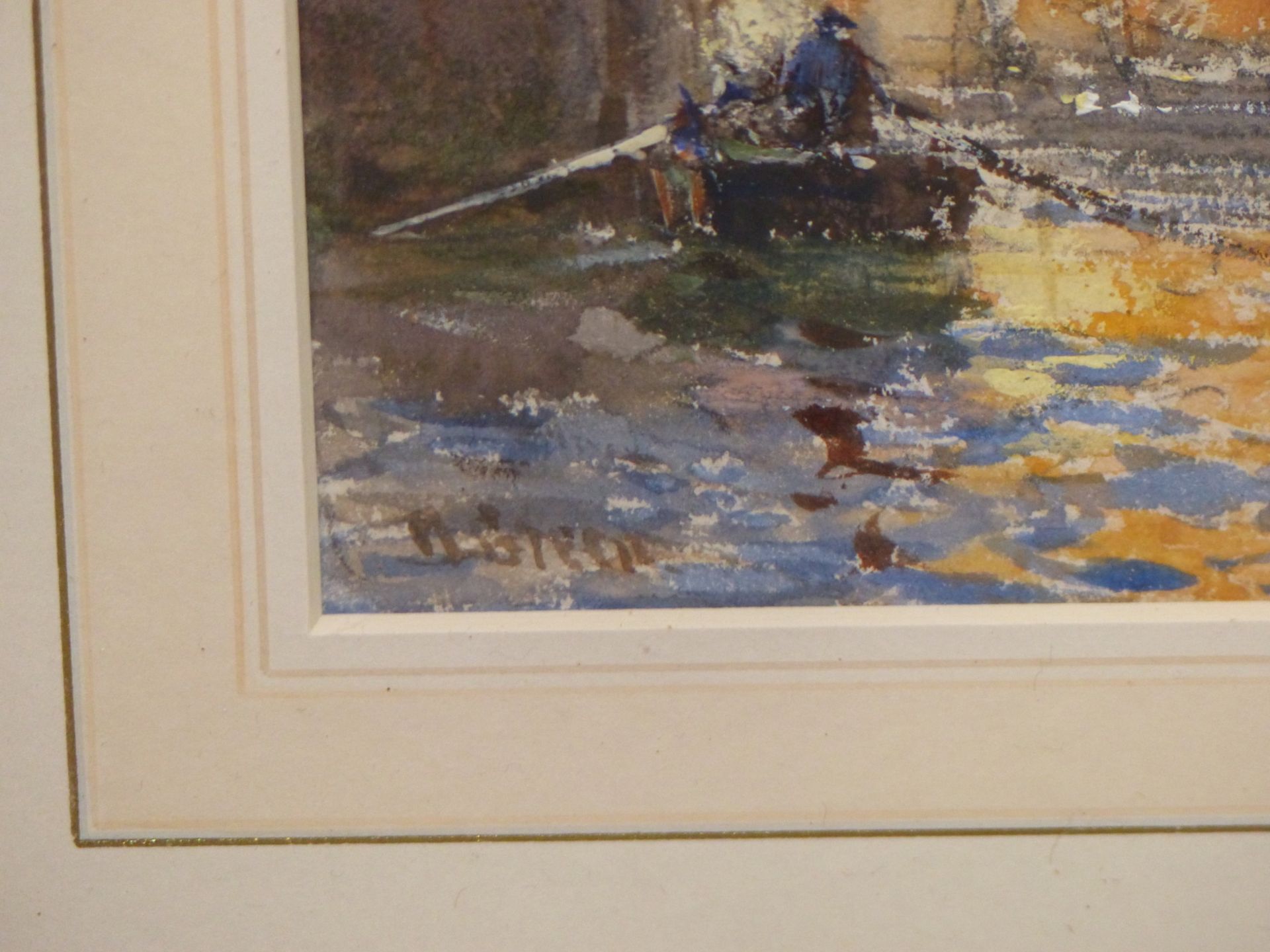 ? BRENT. ( EARLY 20TH CENTURY SCHOOL) ROWING A TENDER TO SHIPS IN DOCK. WATERCOLOUR. SIGNED - Image 3 of 6