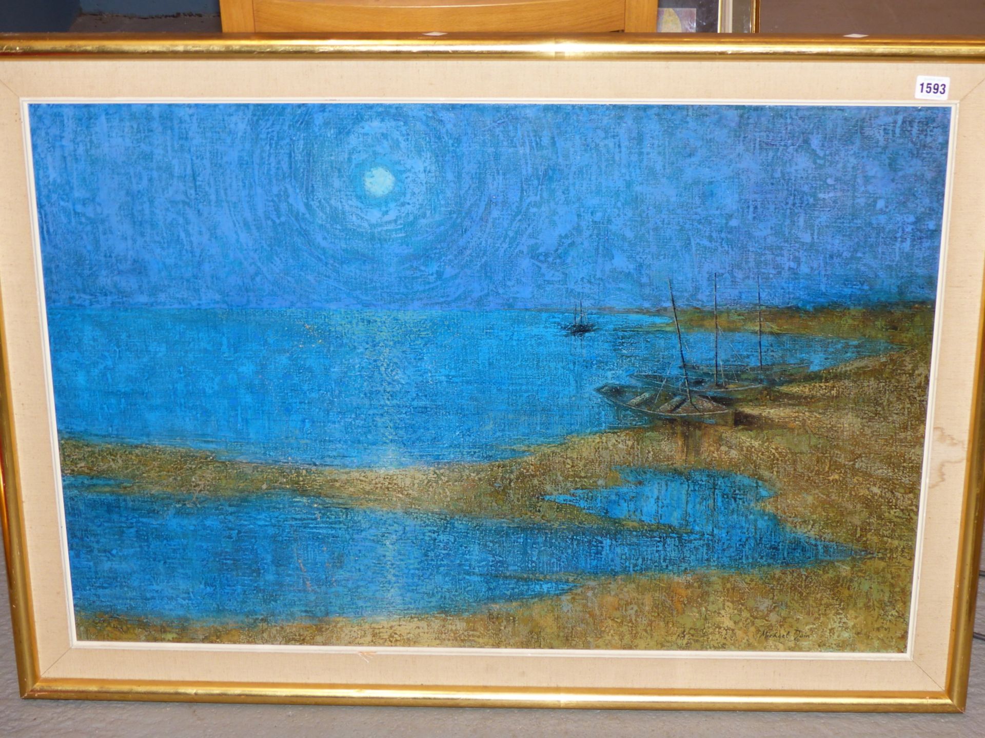 MICHAEL JAIN. ( 20TH CENTURY) ARR. BOATS ON THE SHORELINE BY MOONLIGHT. OIL ON CANVAS. SIGNED L/R. - Image 2 of 6