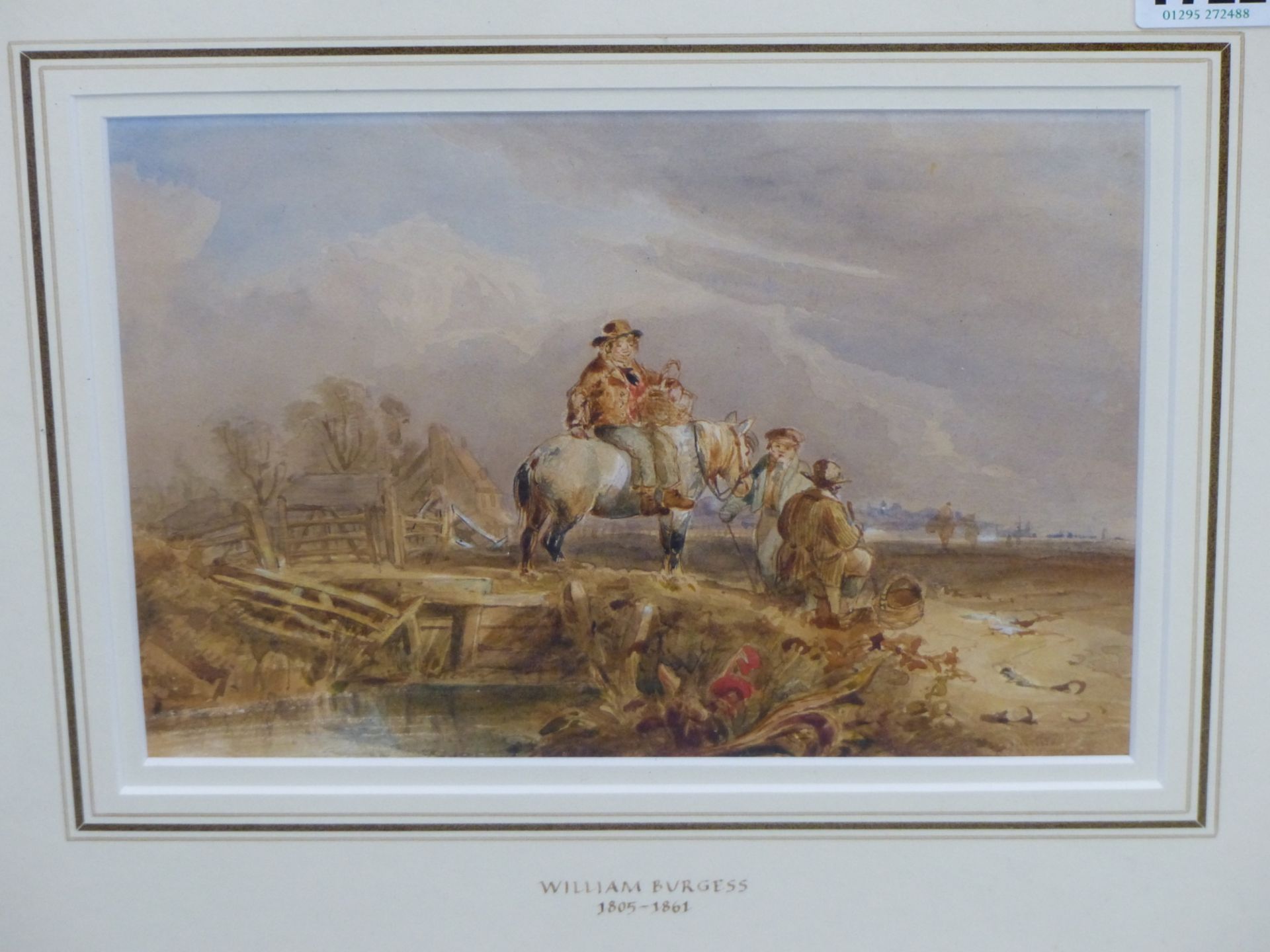 ATTB. WILLIAM BURGESS. ( 1805-1862) TRAVELLERS BEYOND A BRIDGE. WATERCOLOUR. LABELLED VERSO. 22 X 16 - Image 3 of 6