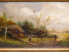 ADOLF KAUFMANN (AKA. G. SALVI) (1848-1916) RURALCOTTAGES N A COUNTRY PATH. OIL ON BOARD. SIGNED L/