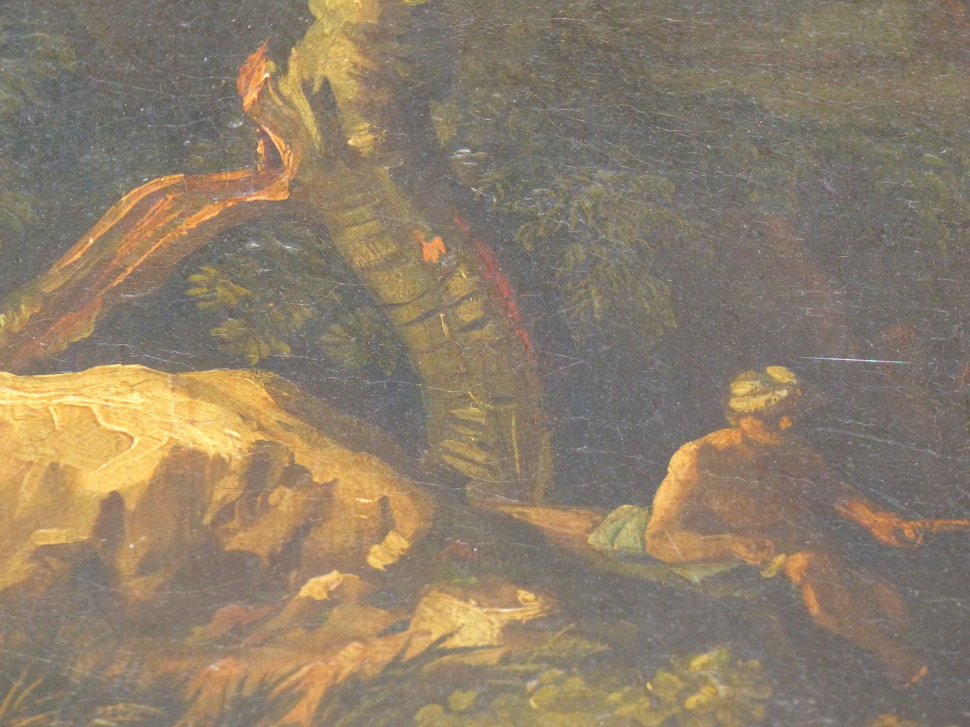 17TH /18TH CENTURY OLD MASTER SCHOOL. TWO FIGURES BY A WOODLAND STREAM. OIL ON CANVAS. THE GILT - Image 7 of 16