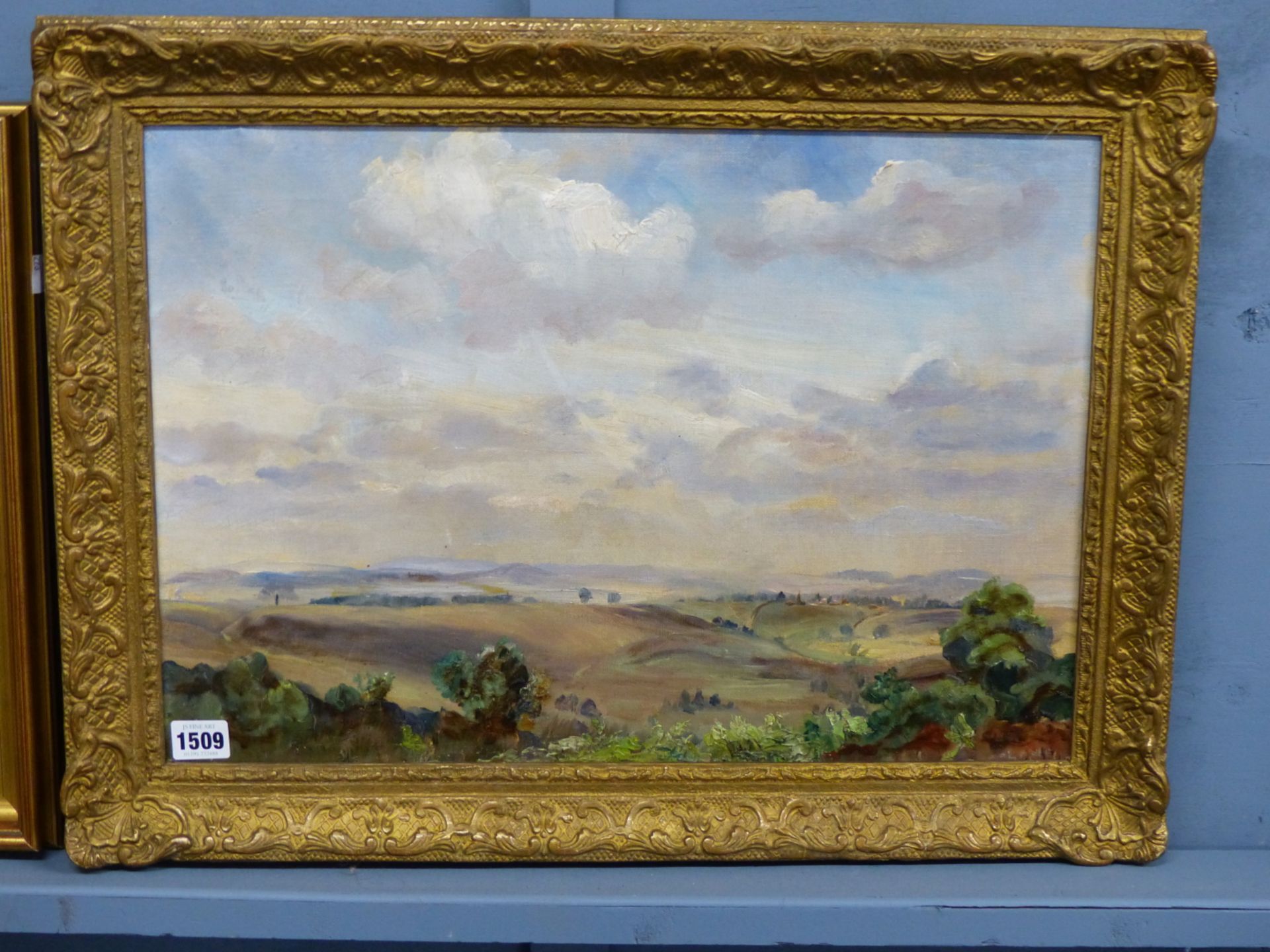 20th C. ENGLISH SCHOOL A RURAL LANDSCAPE, SIGNED INDISTINCTLY, OIL ON CANVAS. 36 x 51cms - Image 2 of 4