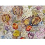 20TH CENTURY SCHOOL. STUDY OF TULIPS AND OTHER FLOWER , OIL ON CANVAS. SIGNED INDISTINCTLY L/R. 60 X