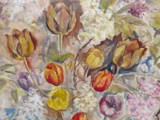 20TH CENTURY SCHOOL. STUDY OF TULIPS AND OTHER FLOWER , OIL ON CANVAS. SIGNED INDISTINCTLY L/R. 60 X