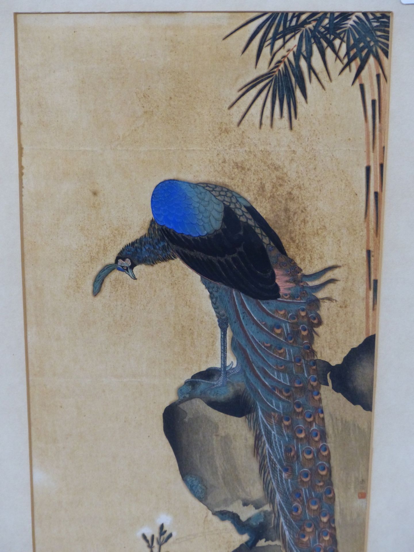 YAMAGUCHI SOKEN A.K.A TAKEJIRO, KYOTO 1759-1818, WOOD BLOCK PRINT OF A PEACOCK ON A ROCK, WITH